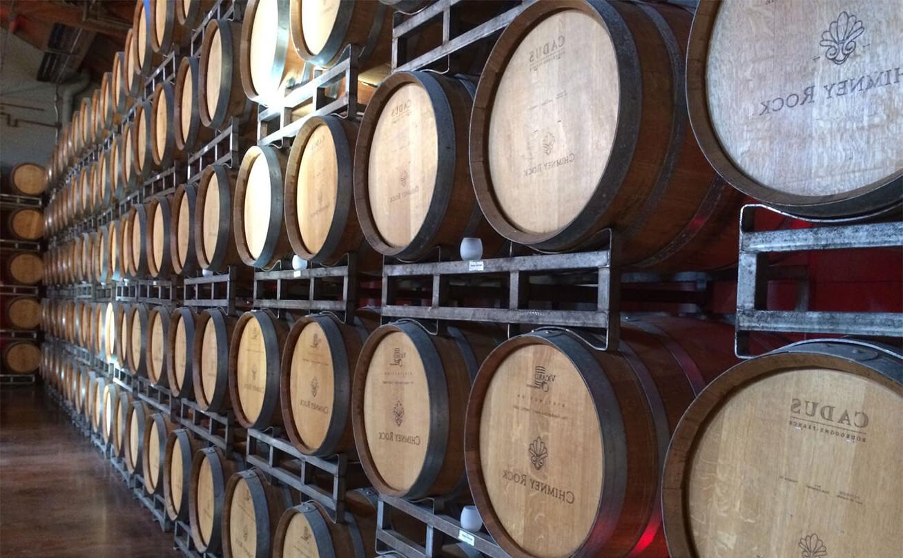 Rows of wine barrels